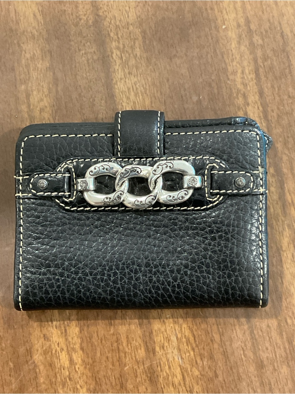 Brighton Black Leather pebble Wallet with Silver Decorative Chain Accent